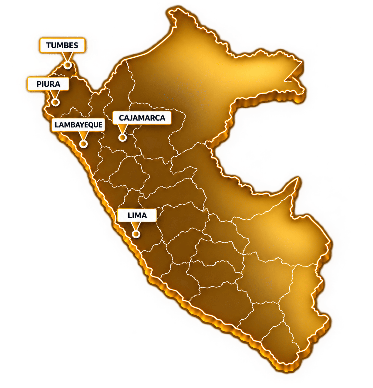 Mapa del Perú con ubicaciones señaladas de PROSEVIG en Tumbes, Piura, Chiclayo, Cajamarca y Lima